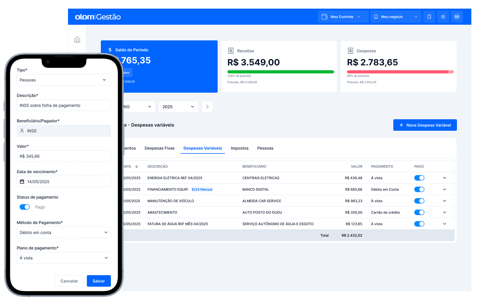 Dashboard Olom Gestão - Sistema completo de gestão financeira empresarial